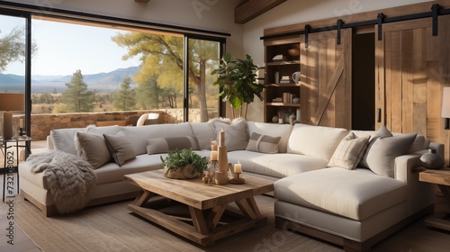 Modern farmhouse living room with a sectional sofa bed and barn door accents. © Aeman