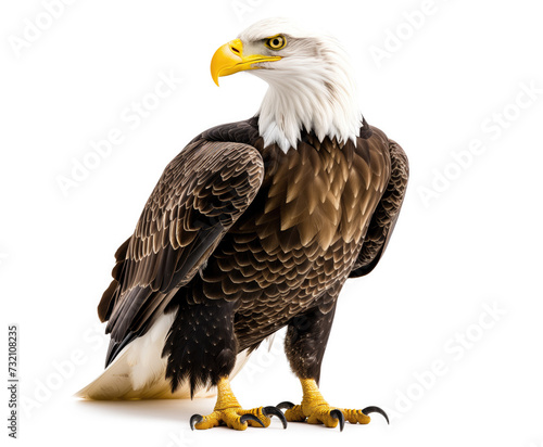 A stunning close-up of a bald eagle  showcasing its powerful stature and intense gaze against a white background.