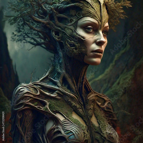 A dreamlike portrayal of a woman with her tresses, and body merging into nature elements in the forest. Surreal portrait of a woman with nature element, mother earth concept	
