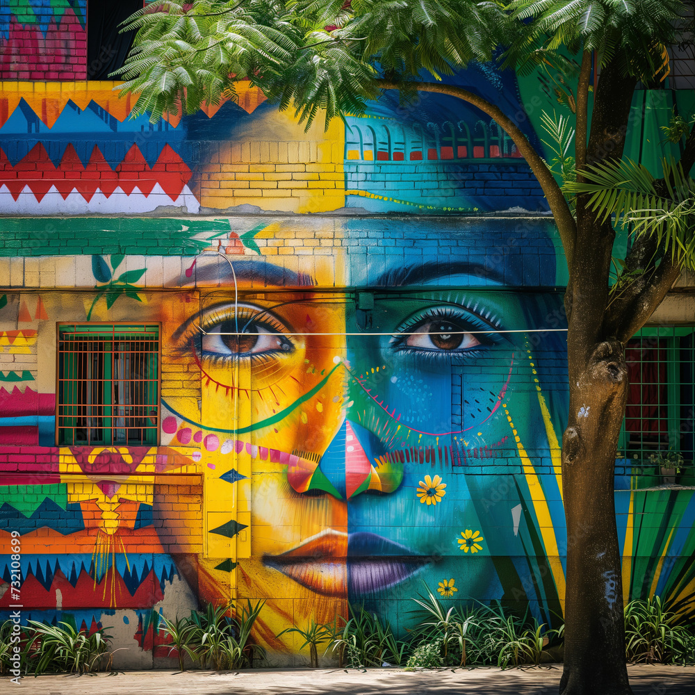 Vibrant Street Art Mural with Tropical Foliage