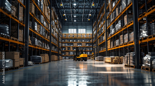 Industrial storage facility, high shelves of goods, active forklift photo