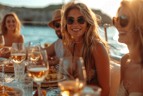 A smiling woman with friends on a yacht © Jelena