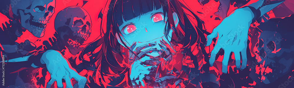 Obraz premium demon horror manga woman, anime artstyle, lofi, widescreen, wallpaper, background, black and white, neon colours