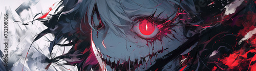 demon horror manga woman, anime artstyle, lofi, widescreen, wallpaper, background, black and white, neon colours