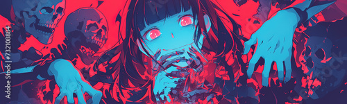 demon horror manga woman, anime artstyle, lofi, widescreen, wallpaper, background, black and white, neon colours photo