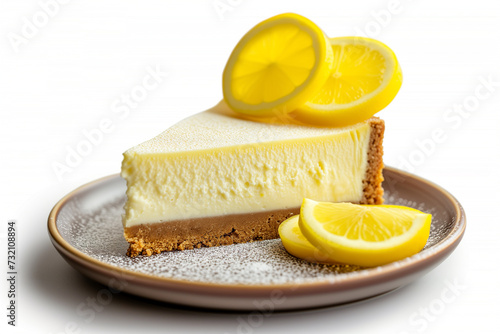 Cheesecake with lemon on plate on white background.