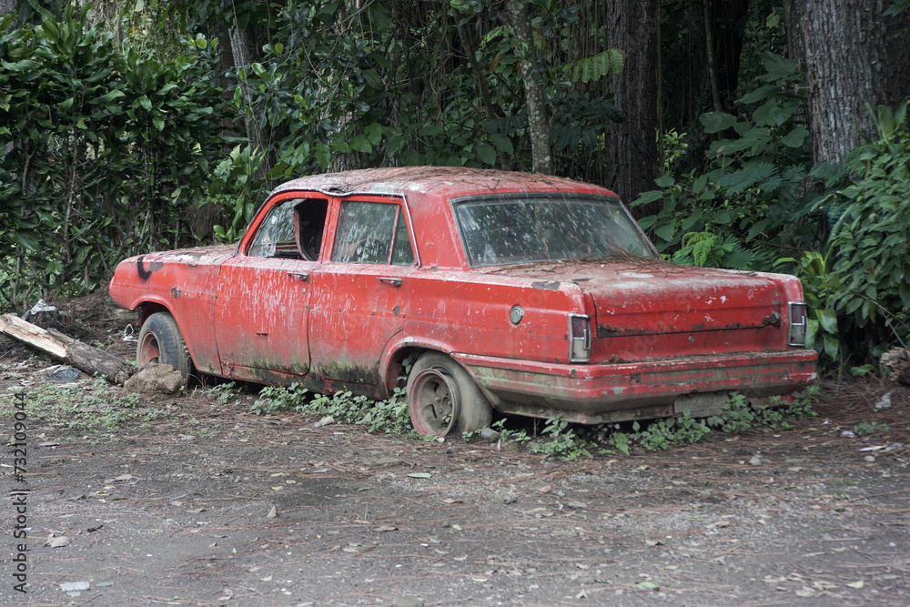 broken car in abandoned forest red background landscape wallpaper.