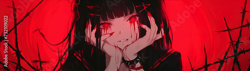 demon horror manga woman, anime artstyle, lofi, widescreen, wallpaper, background, black and white, neon colours