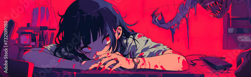 demon horror manga woman, anime artstyle, lofi, widescreen, wallpaper, background, black and white, neon colours