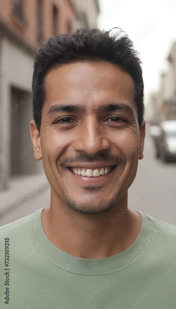 Hispanic man smiling at camera standing outside in street. South American person portrait smile Hispanic man smiling at camera standing outside in street. South American person portrait smile
