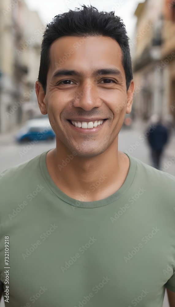 Hispanic man smiling at camera standing outside in street. South American person portrait smile