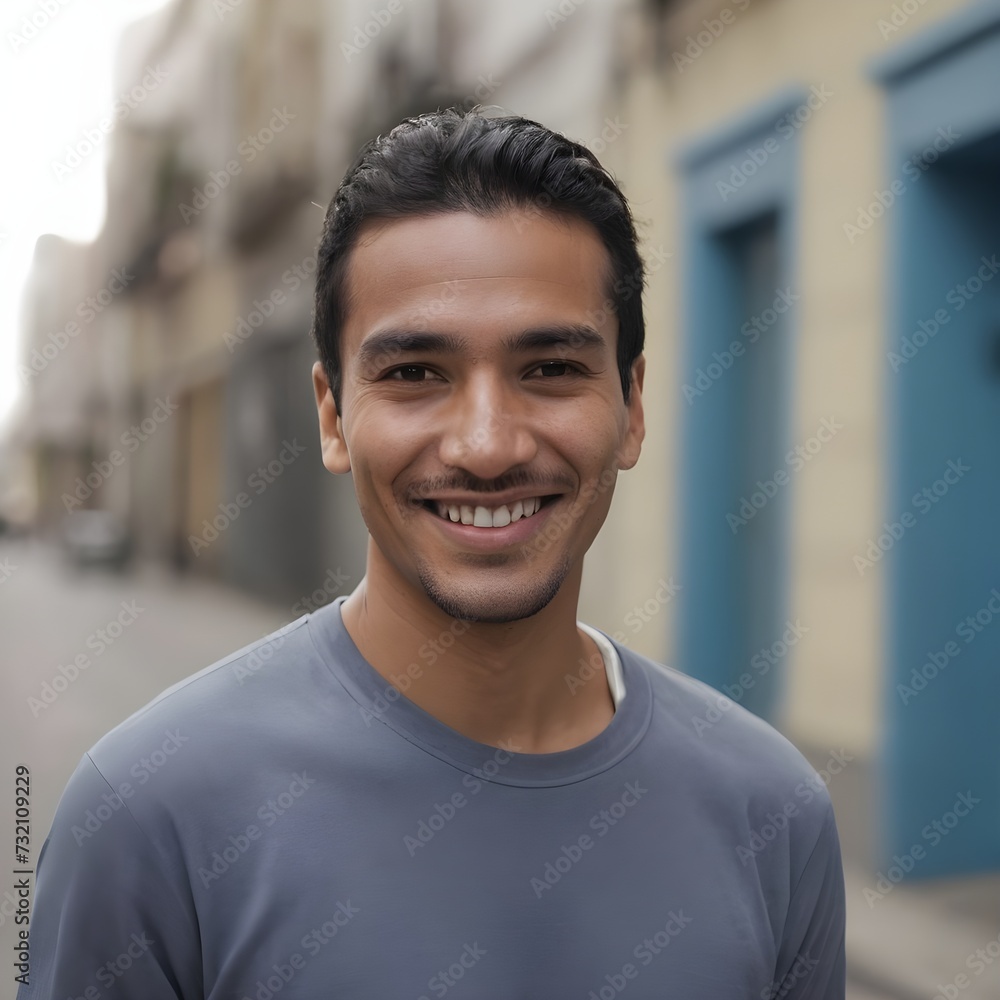Hispanic man smiling at camera standing outside in street. South American person portrait smile Hispanic man smiling at camera standing outside in street. South American person portrait smile