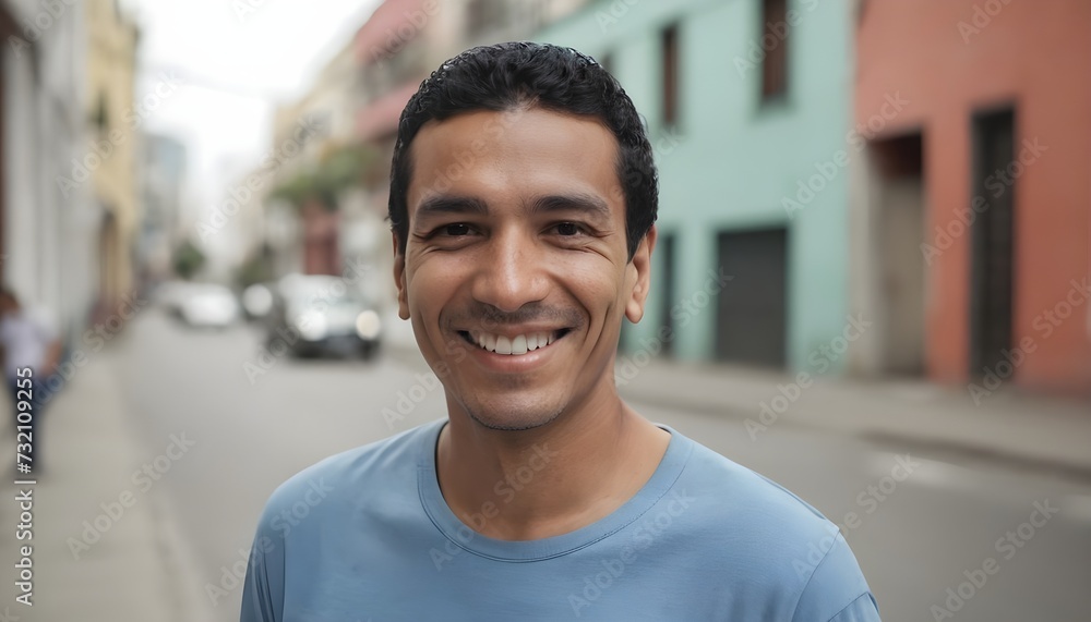 Hispanic man smiling at camera standing outside in street. South American person portrait smile Hispanic man smiling at camera standing outside in street. South American person portrait smile