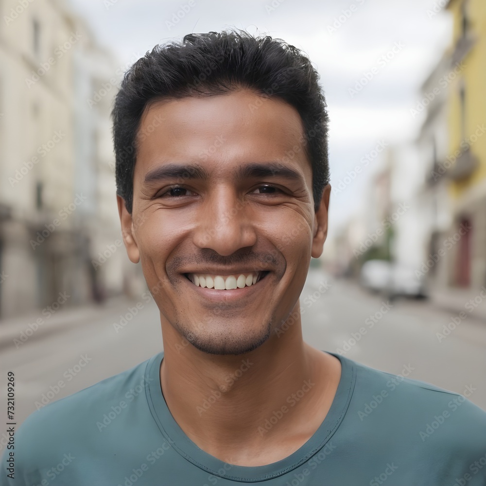 Hispanic man smiling at camera standing outside in street. South American person portrait smile Hispanic man smiling at camera standing outside in street. South American person portrait smile