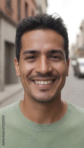 Hispanic man smiling at camera standing outside in street. South American person portrait smile