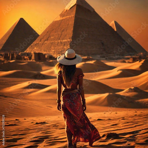 Female traveler looking at the silhouette of the pyramids at sunset in the desert