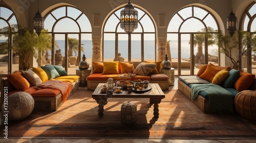 Moroccan Living Room with Tiled Floors and Lanterns