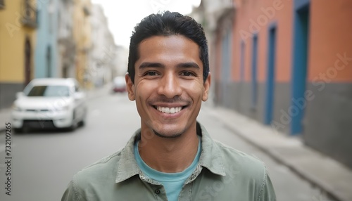 Hispanic man smiling at camera standing outside in street. South American person portrait smile