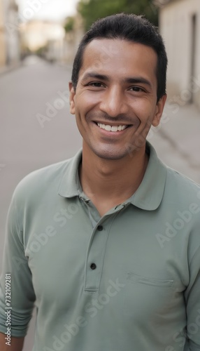 Hispanic man smiling at camera standing outside in street. South American person portrait smile