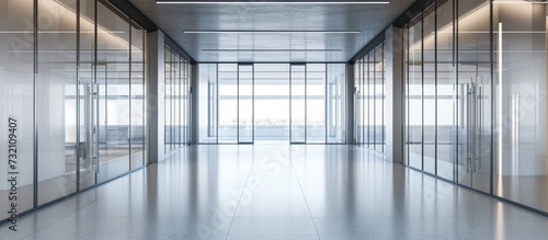 The empty hallway in the office building features a symmetrical layout, glass windows with tints, and composite flooring materials.