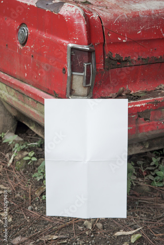 white blank poster for mockup on a damaged car in an abandoned forest, red background, potrait wallpaper 5 (ID: 732109458)