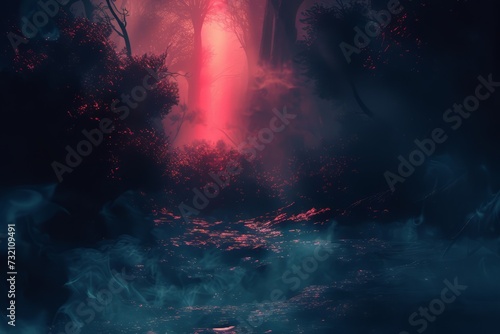 natural landscape synthwave style wallpaper. Night forest with a lake wallpaper. lake forest under the sky with fog. Fantasy landscape forest at night. 
