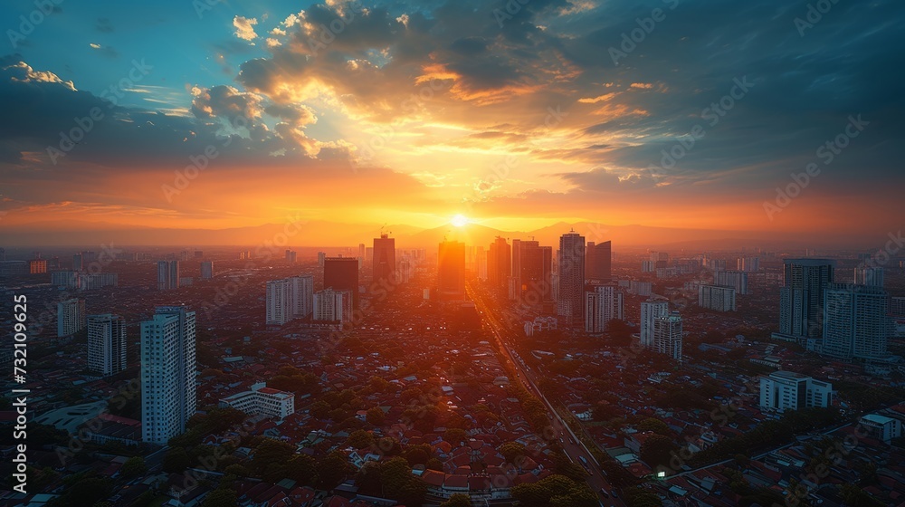 Sunset over cityscape from urban road, warm tones
