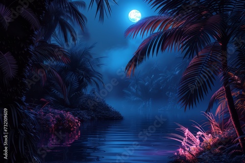 natural landscape synthwave style wallpaper. Night forest with a lake wallpaper. lake forest under the sky with fog and the moon. Fantasy landscape forest at night. 