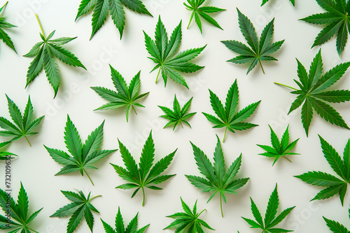 Overhead flat lay of CBD cannabis marijuana leaves pattern on a white background. Natural hemp medicine concept banner.