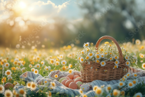 Wicker basket with meadow flowers in green grass and Easter eggs. Space for text. Easter card