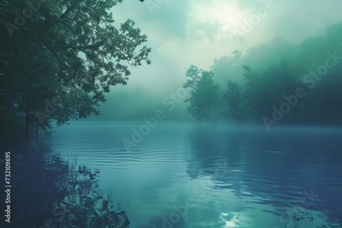 landscape lake forest under with fog. Dreamy night sky in forest. Fantasy landscape forest with mountains at night. Night forest with a lake wallpaper. 