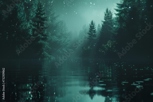 natural landscape synthwave style wallpaper. Night forest with a lake wallpaper. lake forest under the sky with fog. Fantasy landscape forest at night. 