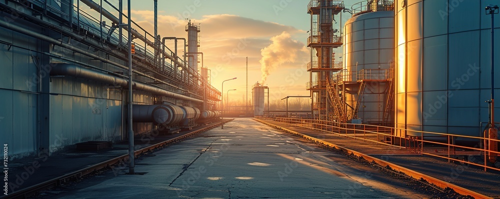 Expansive industrial landscapes under the golden afternoon light, showcasing factories and smokestacks against the backdrop of the city outskirts Expansive industrial landscapes under the golden afternoon light, showcasing factories and smokestacks against the backdrop of the city outskirts