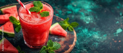 A refreshing cocktail made with watermelon  fruit juice  and mint leaves served in a glass with a straw. Perfect for a summer drink 