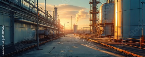 Expansive industrial landscapes under the golden afternoon light, showcasing factories and smokestacks against the backdrop of the city outskirts photo