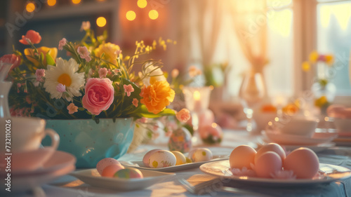 Festive Easter served table setting with painted eggs, bouquet flowers in room