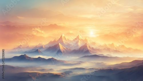 image of a golden sunrise illuminating the misty mountains. Soft gradients and ethereal atmospheres can inspire stunning pieces of digital art. © mischenko