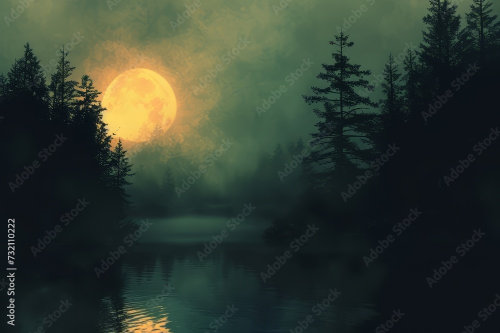 natural landscape synthwave style wallpaper. Night forest with a lake wallpaper. lake forest under the sky with fog and the moon. Fantasy landscape forest at night. moon night landscape Forest Lake.