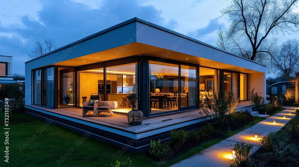 Fototapeta premium Stylish prefab unit, evening setting, homely lights within