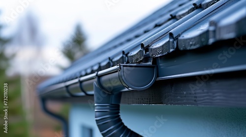 Water drainage pipe on a house, clear view against roof texture photo
