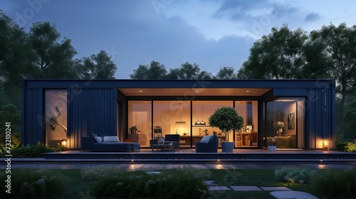 Modern container home at dusk, sleek lines with cozy interior glow photo