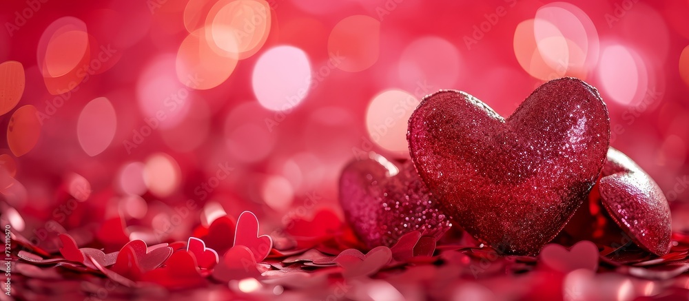 In Macro photography, two petal-shaped red hearts rest on a mound of red confetti, evoking a vibrant event with a touch of carmine and magenta. In Macro photography, two petal-shaped red hearts rest on a mound of red confetti, evoking a vibrant event with a touch of carmine and magenta.