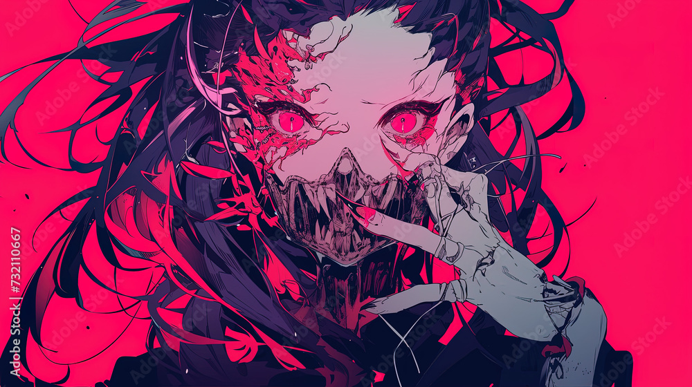 demon horror manga woman, anime artstyle, lofi, widescreen, wallpaper, background, black and white, neon colours demon horror manga woman, anime artstyle, lofi, widescreen, wallpaper, background, black and white, neon colours