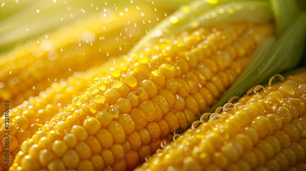 Fresh corn on the cob with water droplets, close-up, vibrant yellow Fresh corn on the cob with water droplets, close-up, vibrant yellow
