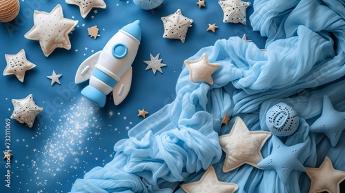 Baby boy announcement with rocket, stars, and soft blue hues photo