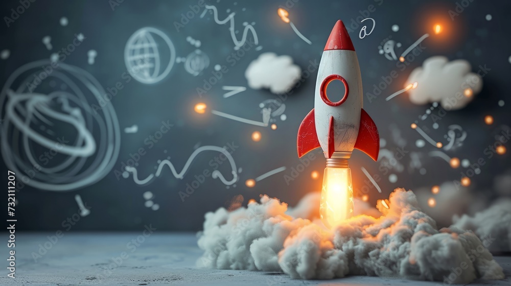 Idea launch concept with bulb in rocket sketch, creative gray expanse Idea launch concept with bulb in rocket sketch, creative gray expanse