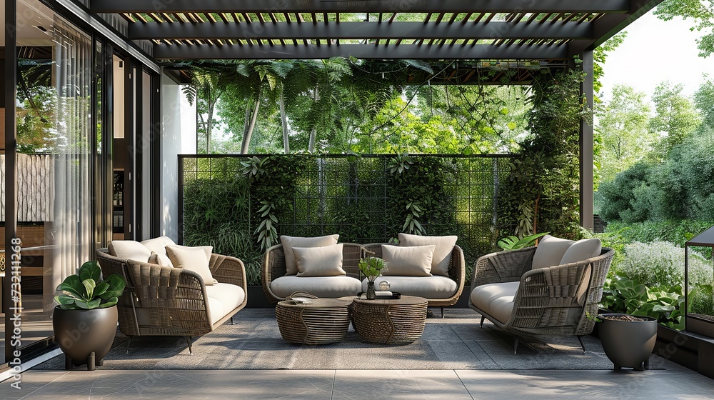 Stylish outdoor seating arrangement, chic terrace under open-air structure
