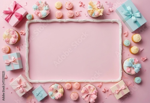 Frame in pastel colors with free space for text from many small birthday cakes, candles, gift boxes with big bows © mischenko