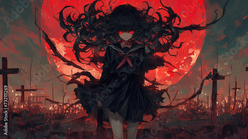 portrait of a gothic vampire girl, anime style, manga, cute  outfit, emo, background, android wallpaper
