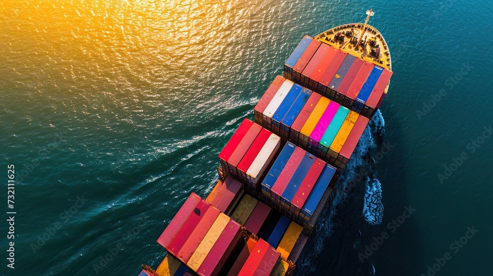 Container Ship in the sea at sunset. Aerial view of cargo ship.